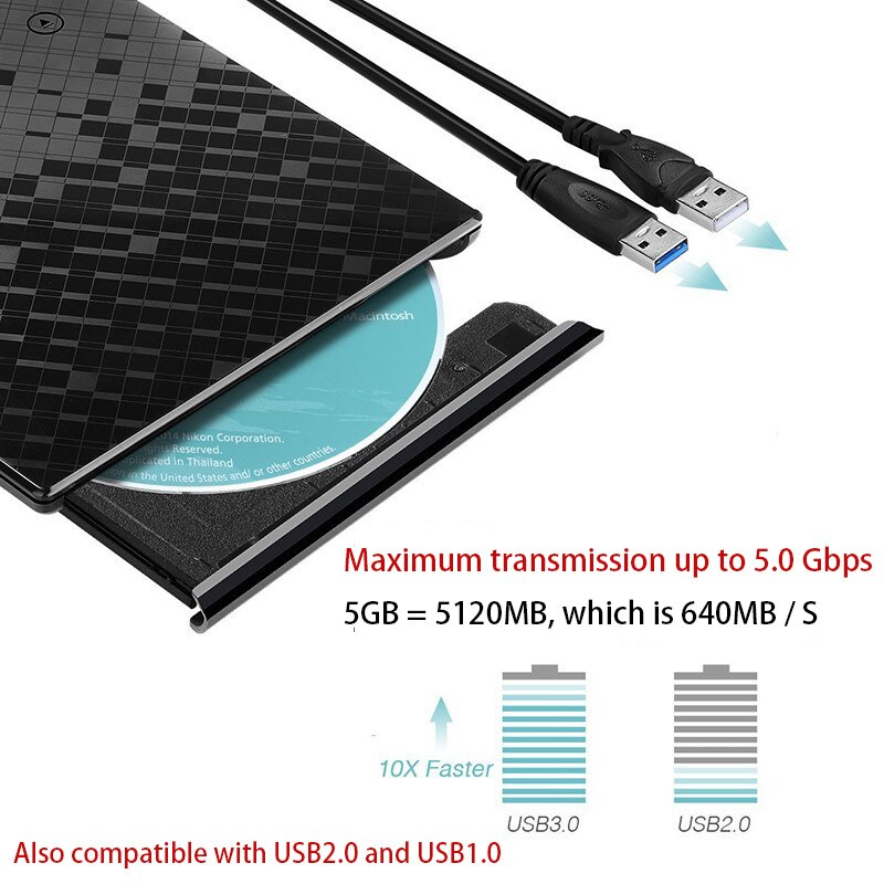 USB3.0 External CD DVD Burner, Portable Computer External Universal Mobile Drive, for Laptop / Desktop