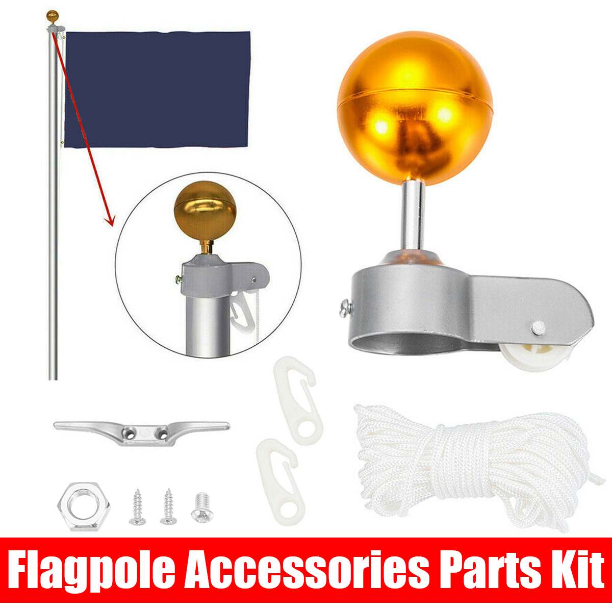 10 PCS Flag Pole Parts Set Nylon Braided Rope Flagpole Accessories Repair Kit Pulley Gold Ball Cleat Clip Screws Decor 2 Inch