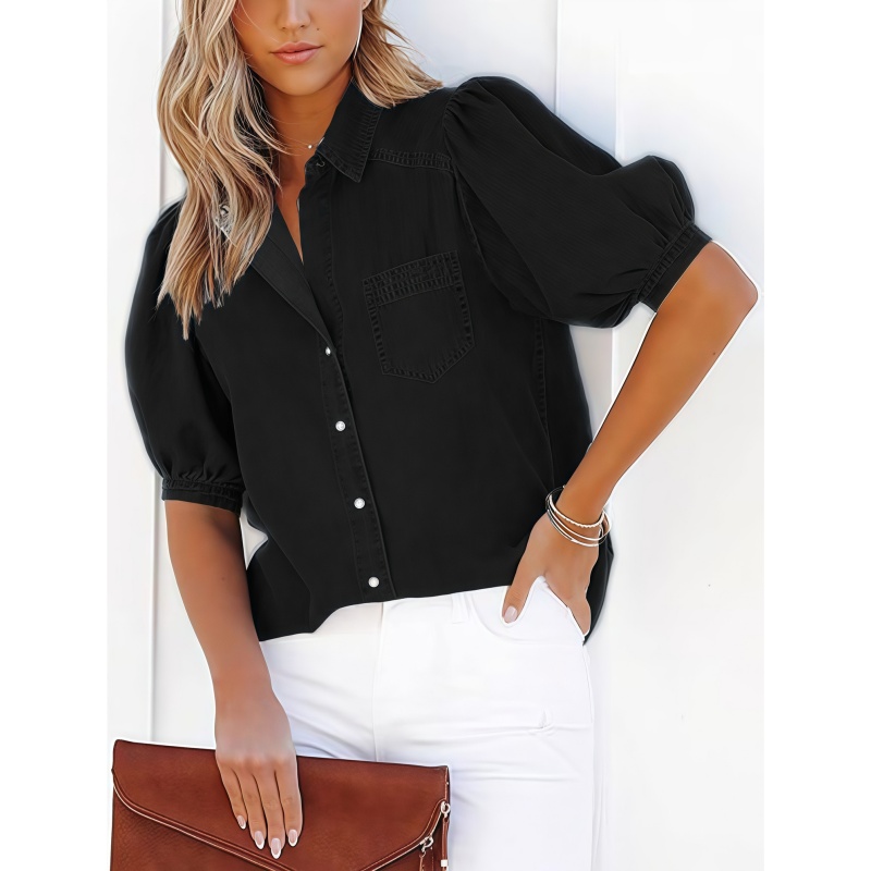 Naisten rento lyhythihainen paita, väljä istuvuus, napitettava pusero, kevyt ja hengittävä, kesäinen toppi, toimistotyylinen, työvaate