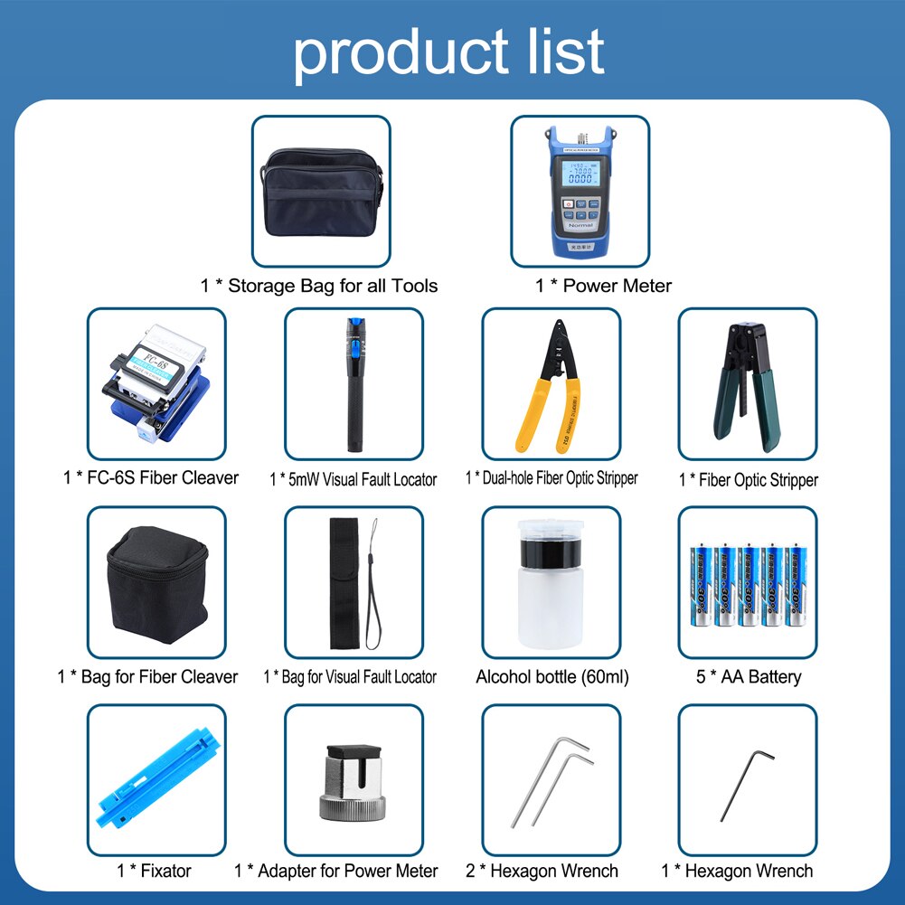 Fiber Optic FTTH Tool Kit Optical Power Meter Fiber Cleaver Wire Stripper Optical Fiber Cold Connection Tools Set &amp;Storage Bag