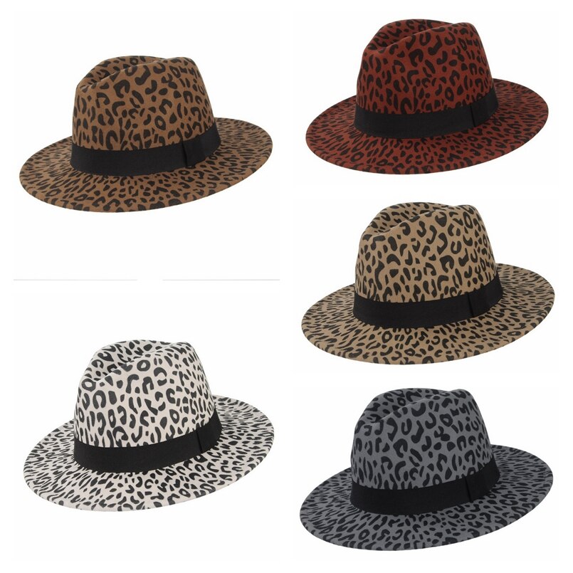 Gemvie bred skygge leoparduld fedora filthue til kvinder varm vinter panama hat jazz kasket med bånd