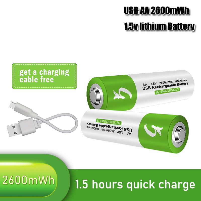 1.5V Usb Aa Li-Ion Batterij 2600mwh 100% Capaciteit Li-Polymer Usb Oplaadbare Lithium Usb Batterij Usb Kabel