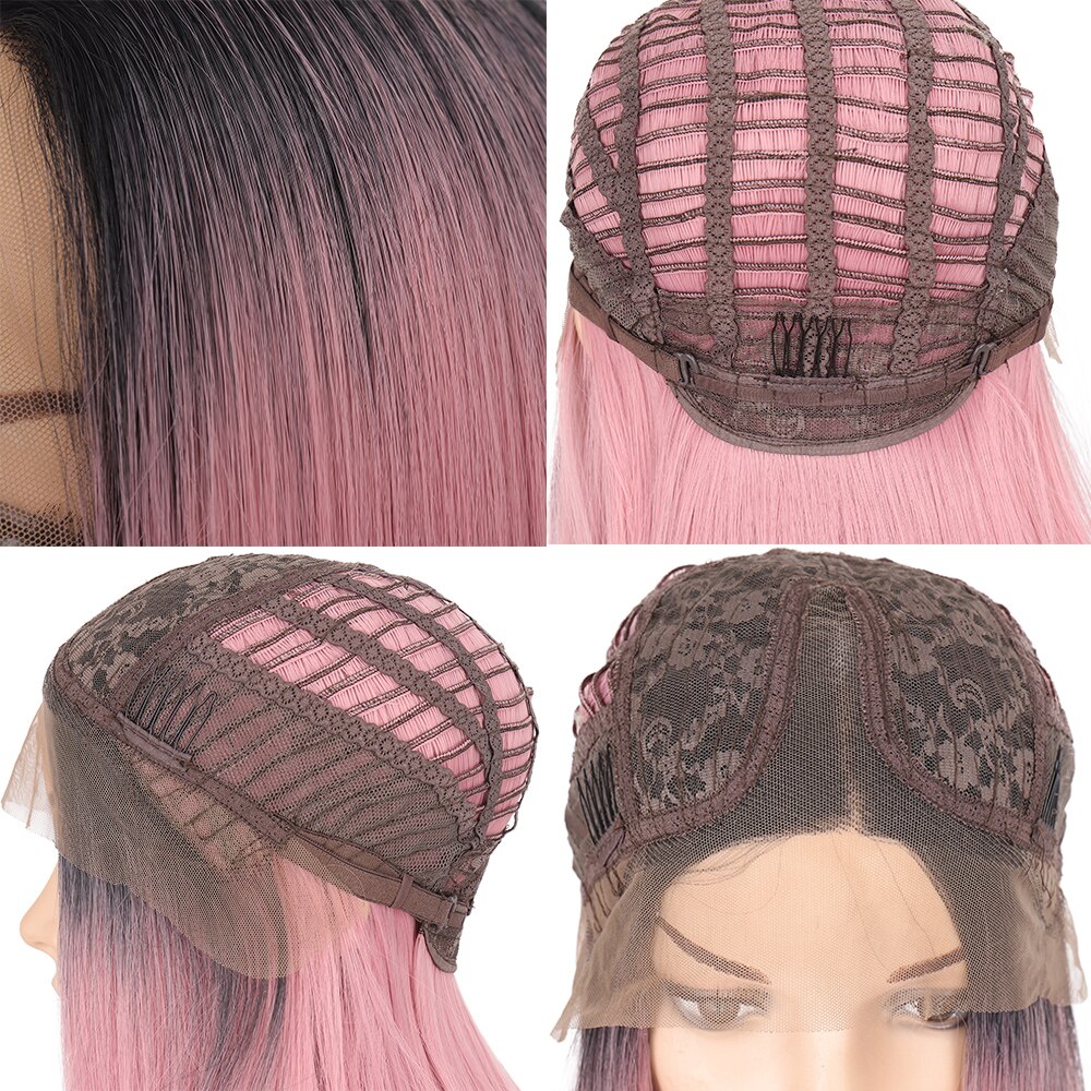 Allaosify Korte Bob Lace Front Pruiken Voor Zwarte Vrouwen Rechte Synthetische Pruik Hoge Temperatuur Vezel Haar Roze Donker Rood Blauw