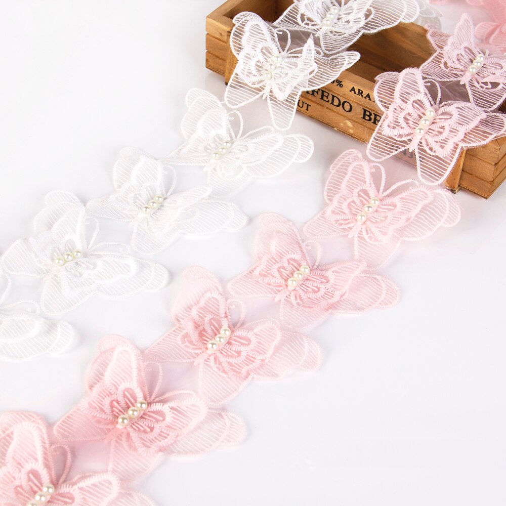 Cinta de encaje de Organza flor perla bordado recortado cinta de tela de costura DIY accesorios de ropa para envolver , 1Yc2488