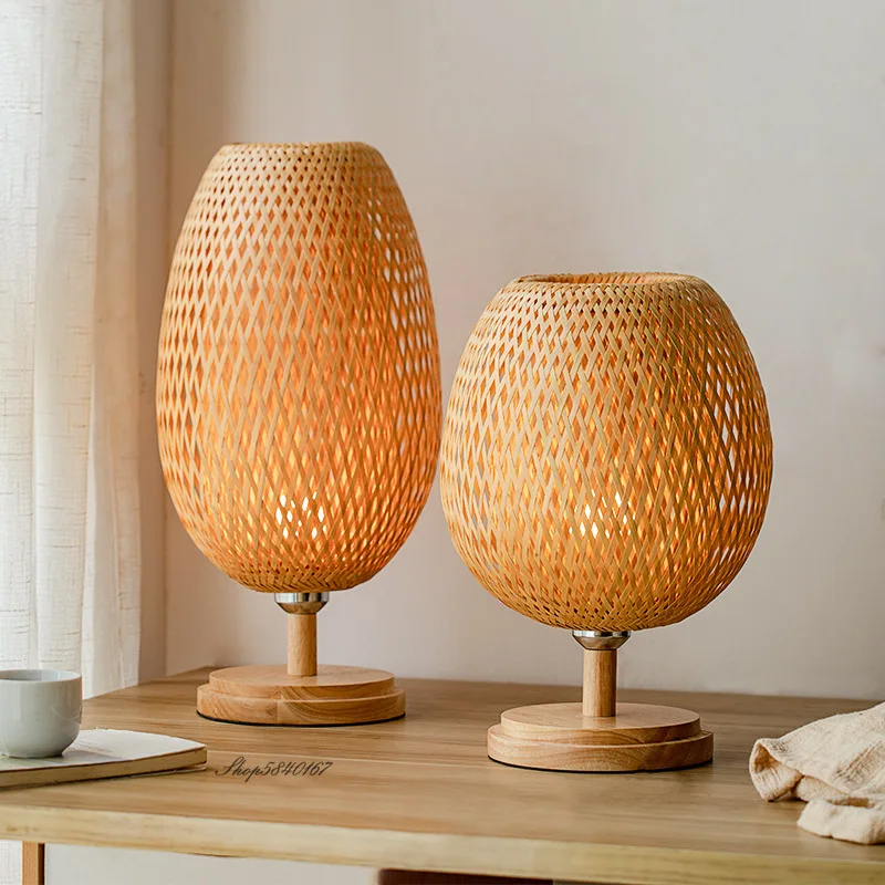 Vintage Bambus Tisch Lampen Chinesischen Stil Handgemachte Holz Schreibtisch Lampe für Wohnzimmer Schlafzimmer Dekoration Kreative E27 Neben Lampe