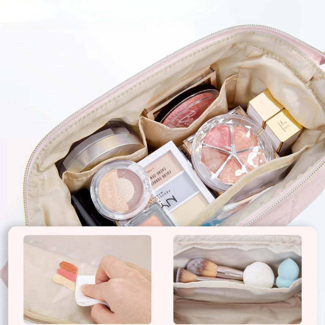 Makeup Bag Travel Toiletry Bag, Puffy Padded Make Up Bags for Women Makeup Organizer Case, Wide-open Pouch Purse Travel Essentia