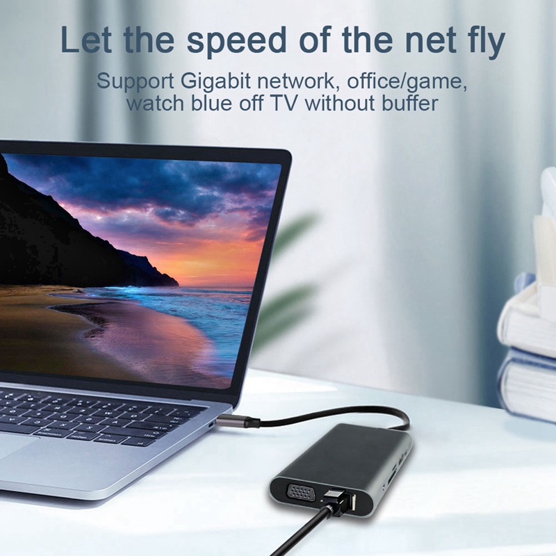 USB HUB C 10 in 1 Thunderbolt 3 Type C Adapter Dock 3 USB 3.0 Port 4K HDMI 1080P VGA RJ45 Gigabit Ethernet for Mac book Pro