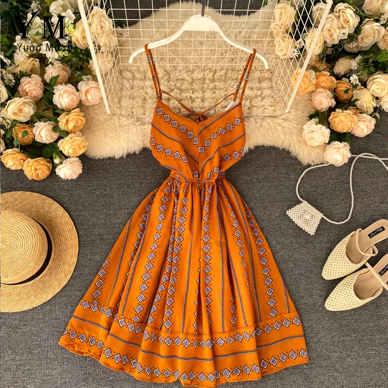 Yuoomuoo Vrouwen Boho Print Jurk Zomer V-hals Backless Bandage Strand Chiffon Jurk Vrouwen Mode A-lijn Jurk Zonnejurk