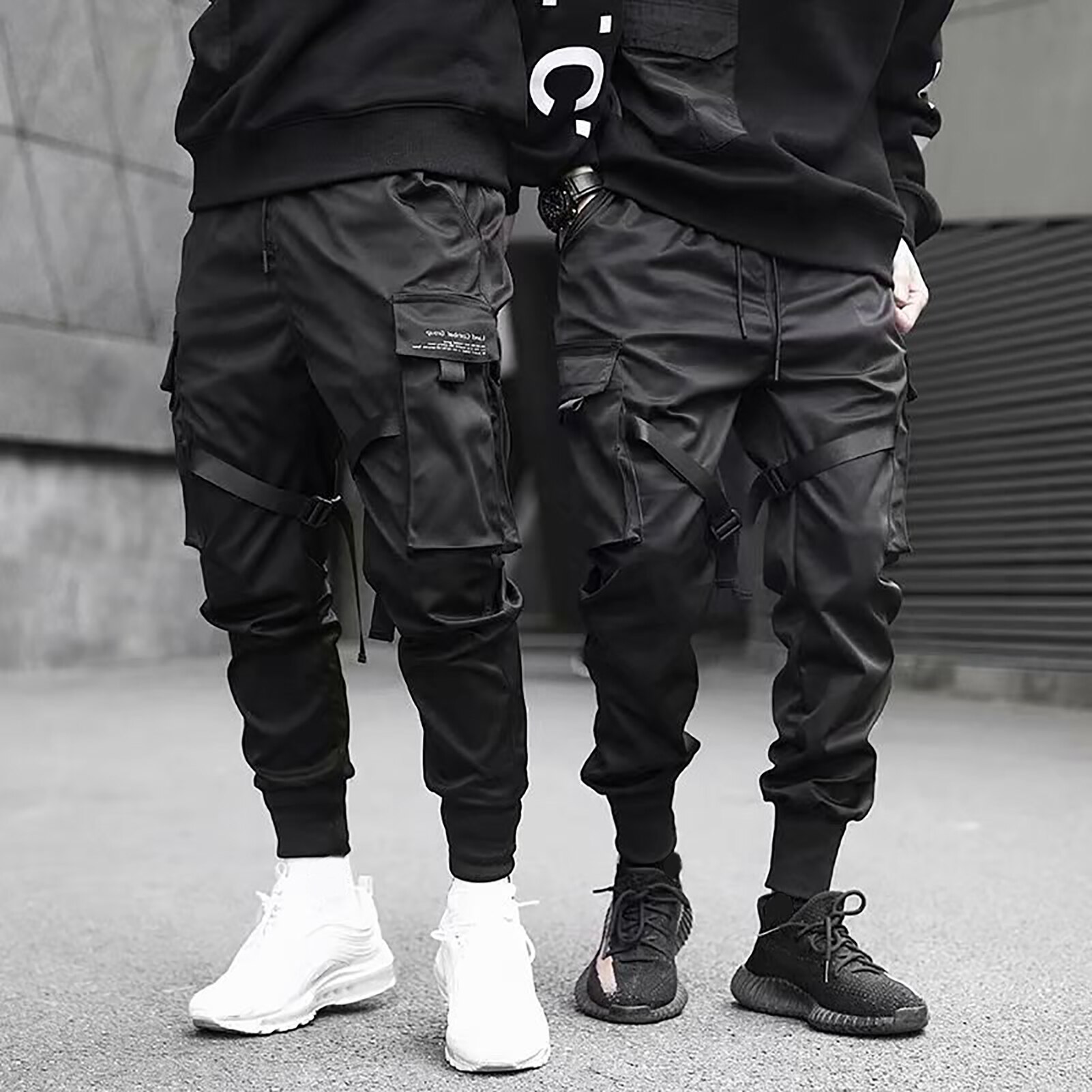 Men Drawstring Multi Pockets Straps Ankle Tied Cargo Pants Long Trousers