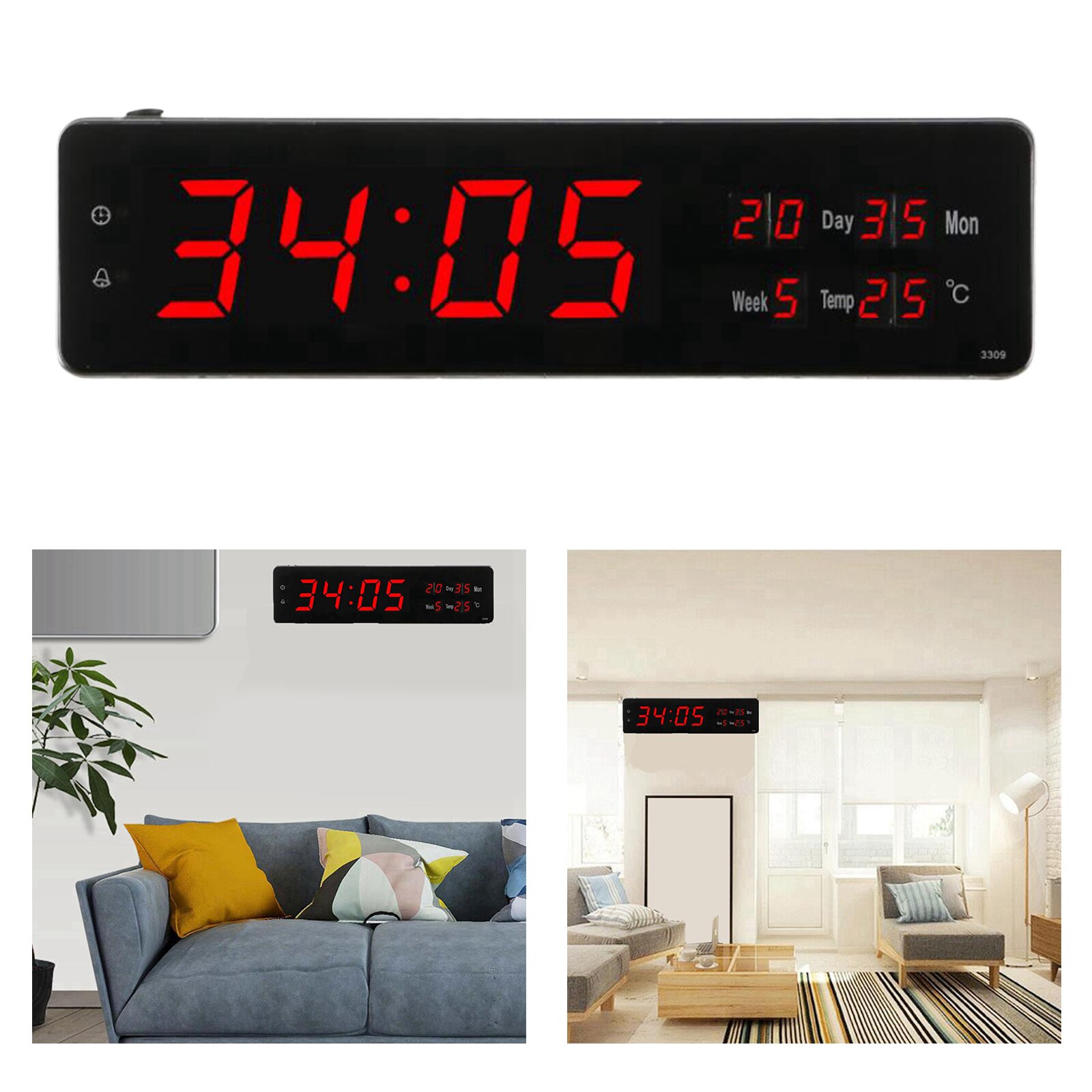 Large Digital Alarm Clocks Desktop Wall Clock 24 Hours Display Hourly Chime: Red Display