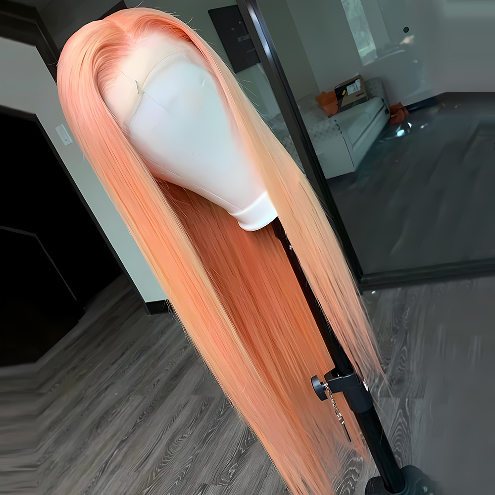 Perruque Lace Front Wig synthétique Orange clair, cheveux longs et lisses, naissance des cheveux naturelle, sans colle, pour femmes, usage quotidien, perruques de Cosplay Orange
