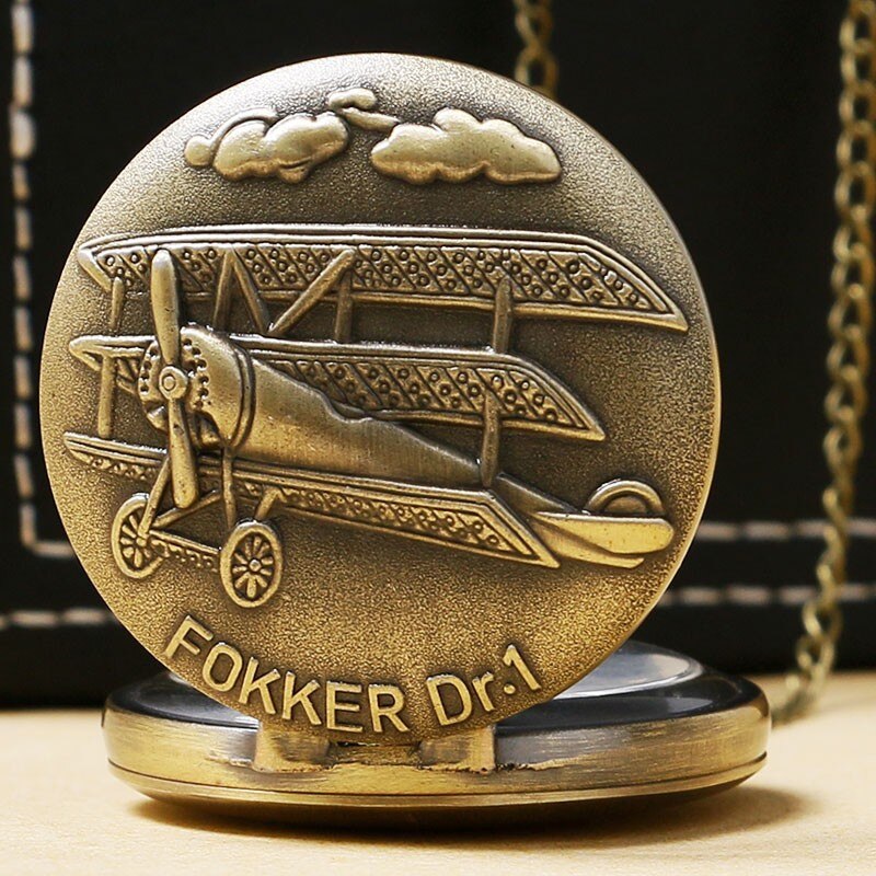 Vintage Bronze Fokker Dr.1 sculpture 3D aircraft Pattern Small Quartz Pocket Watch Necklace Pendant Men Women