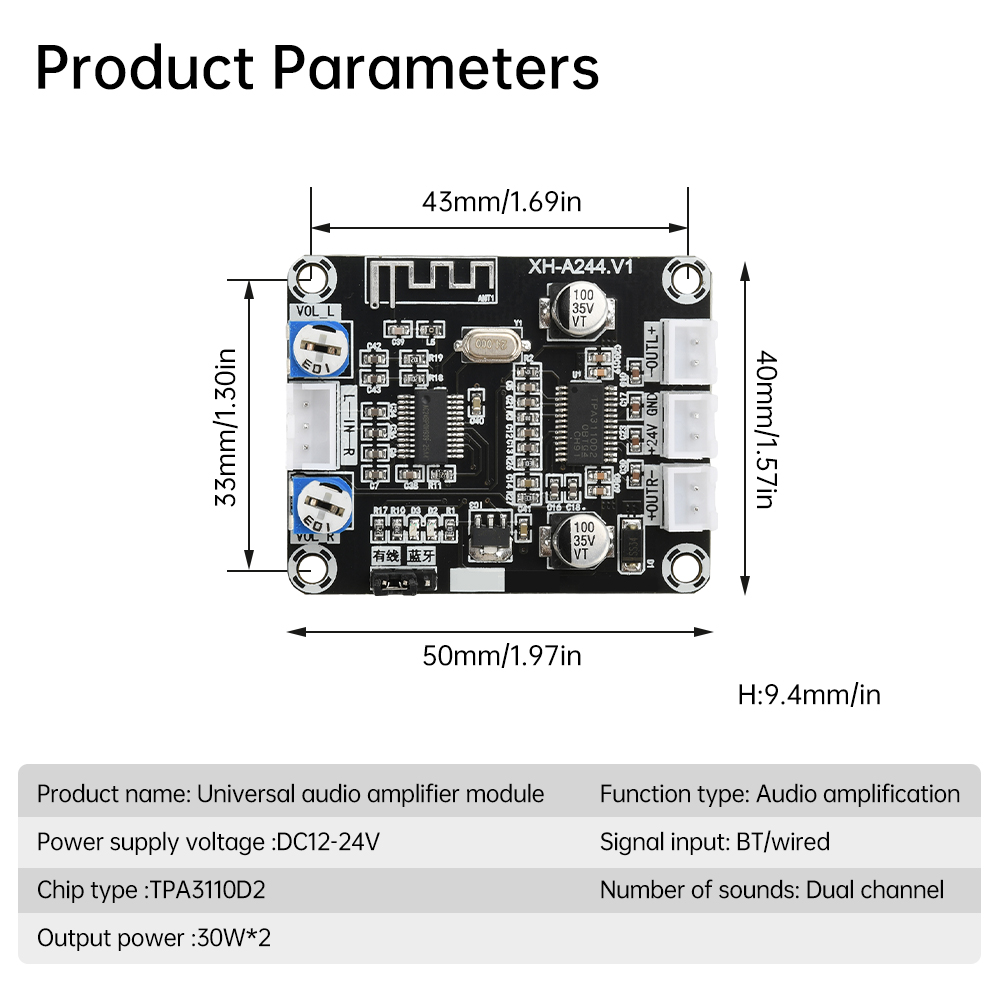 DC12~24V Bluetooth Audio Amplifier Module XH-A244 Digital Amplifier Board 2.0 Dual Channel 30W*2 HiFi Stereo Amplifier
