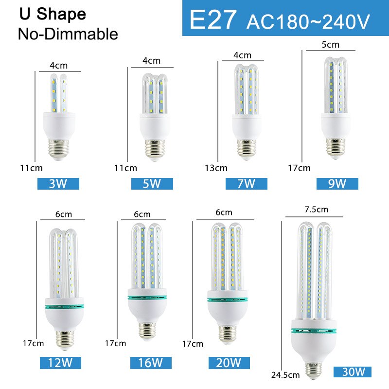 LED Bulb E27 E14 LED Lamp light 20W 16W 12W 9W 5W 2835SMD AC 220V 240V lampara Energy-saving led Corn lamp Table light Bombillas: E27 U Shape / Warm White / 9W