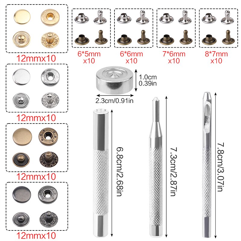 KAOBUY Leather Snap Fasteners Kit Metal Button Snaps Press Studs 4 Installation Tools Leather Snaps for Clothes