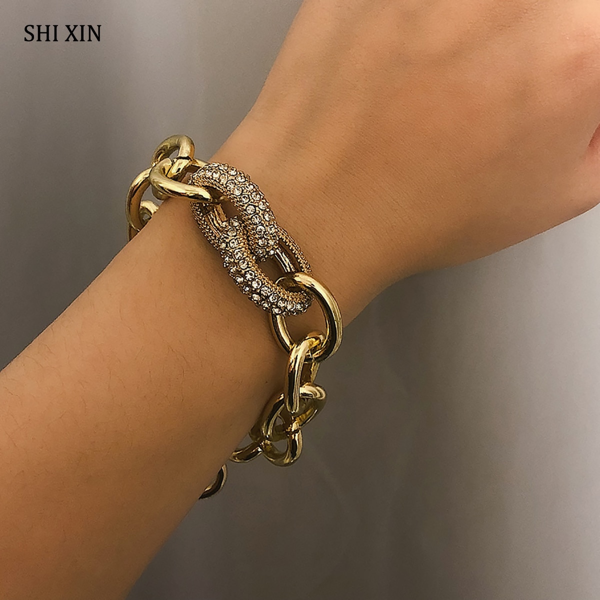 SHIXIN Punk cubain lien chaîne or/argent Bracelet Bracelet de luxe Bracelet à breloques pour femmes/fille Bracelet en cristal Boho bijoux à la main