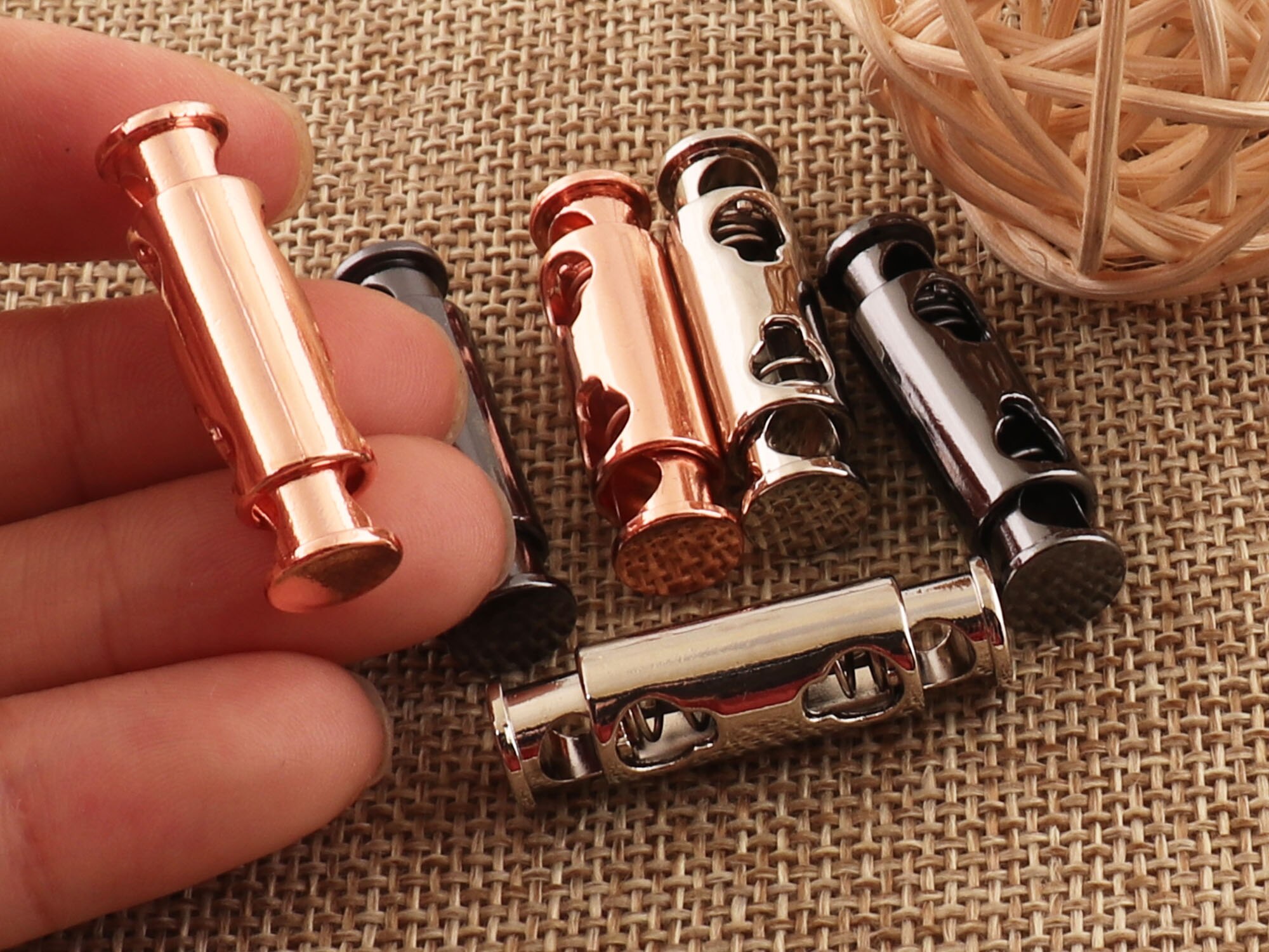 8 pcs Rose Gold/Silver/Gunmetal Double Barrel Toggle Cord Lock Stopper Rope Buckle,Spring Buckle Cylinder Stopper