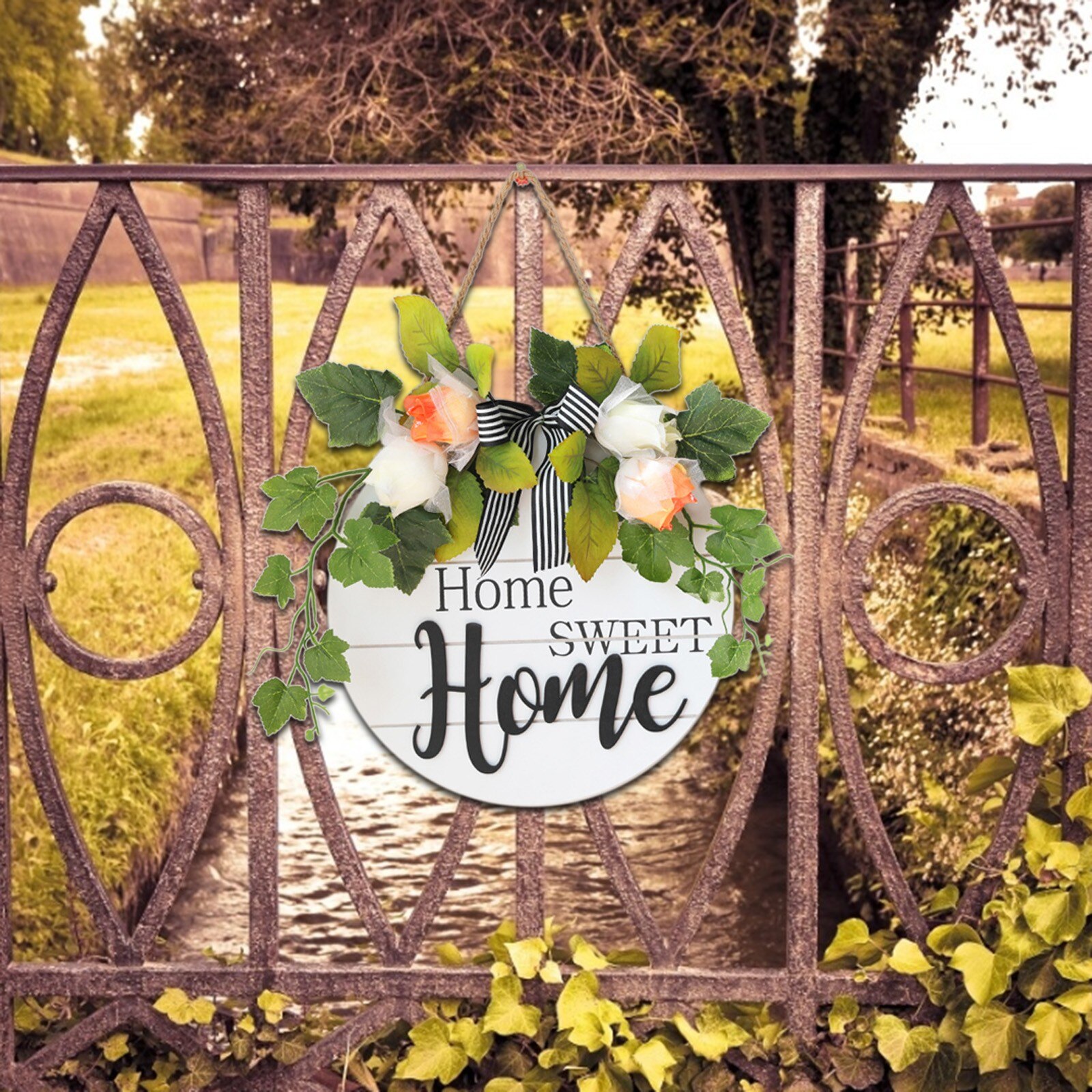 Signe de bienvenue pour porte de printemps en bois, Mini couronne de fleurs d'hortensia rose, décoration de maison, couronnes d'automne