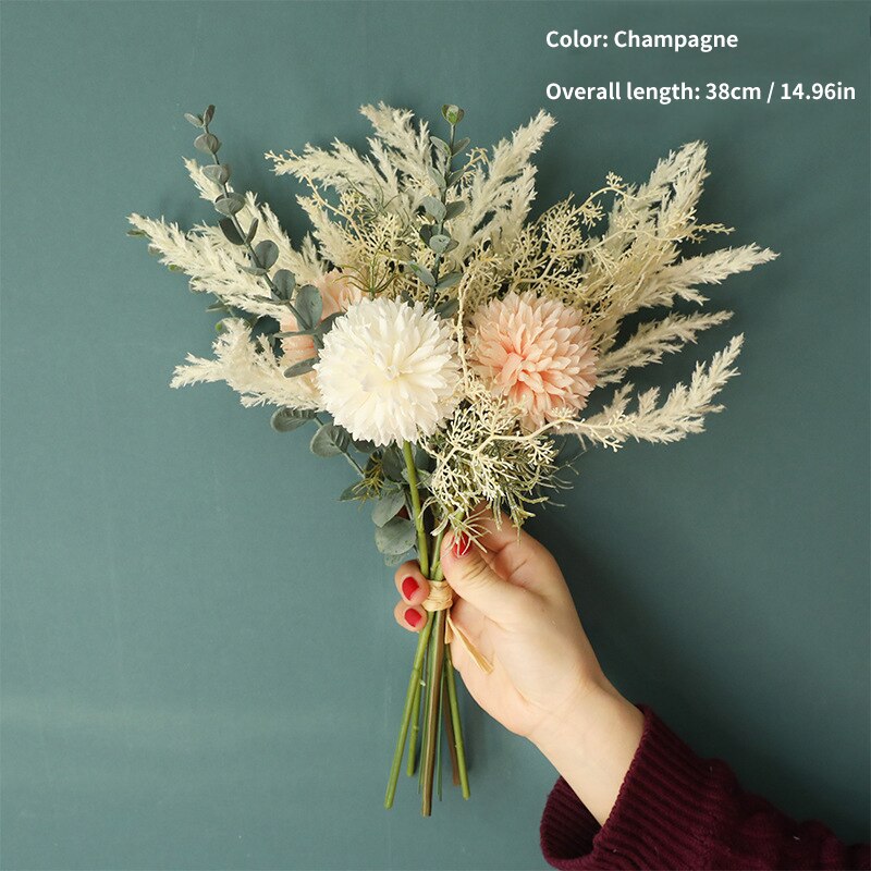 Ins kunstige blomster silke løvetann eukalyptus hybrid bukett bryllup hjem dekorasjon falsk blomst: Champagne