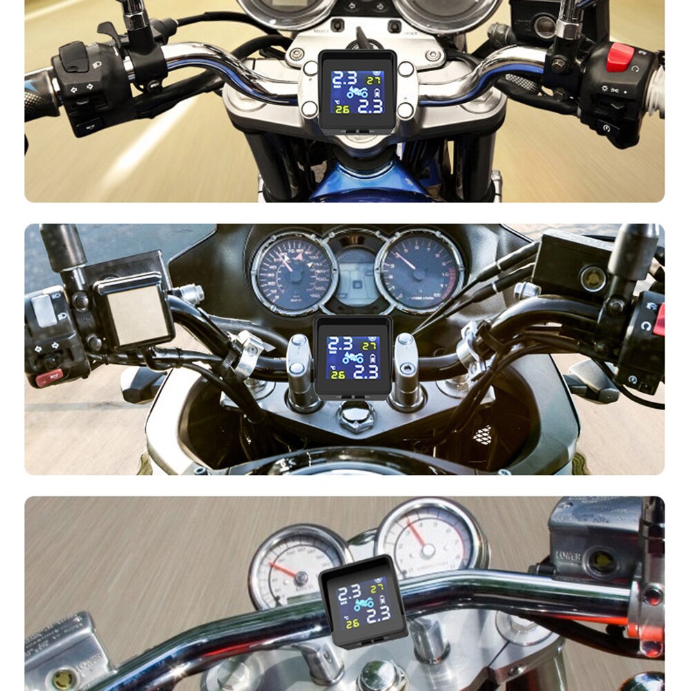 Solopladning lcd motorcykel tpms motor dæktryk dæktemperatur overvågning alarmsystem med 2 eksterne sensorer