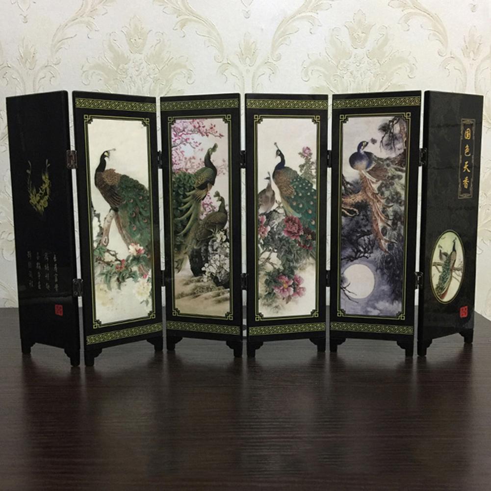 Mini Paravent Pliant 6 Panneaux Style Chinois Vintage - Décoration De Bureau Et D'intérieur - 48 X 24 Cm