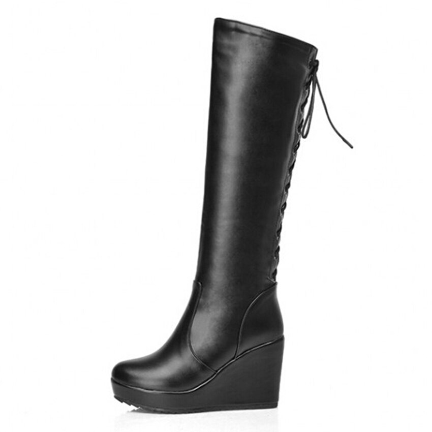 ! Black White Red Leather Lace Up High Heel Platform Knee High Winter Autumn Girl Lady Females Womens Wedge Boots X834