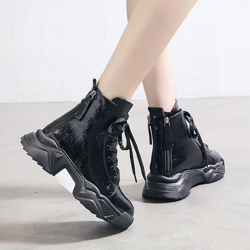 Height Increasing Sneakers Platform Shoes Woman Casual Shoes Thick Sole Waterproof Back Zipper Lace-up Bling Women Shoes I035