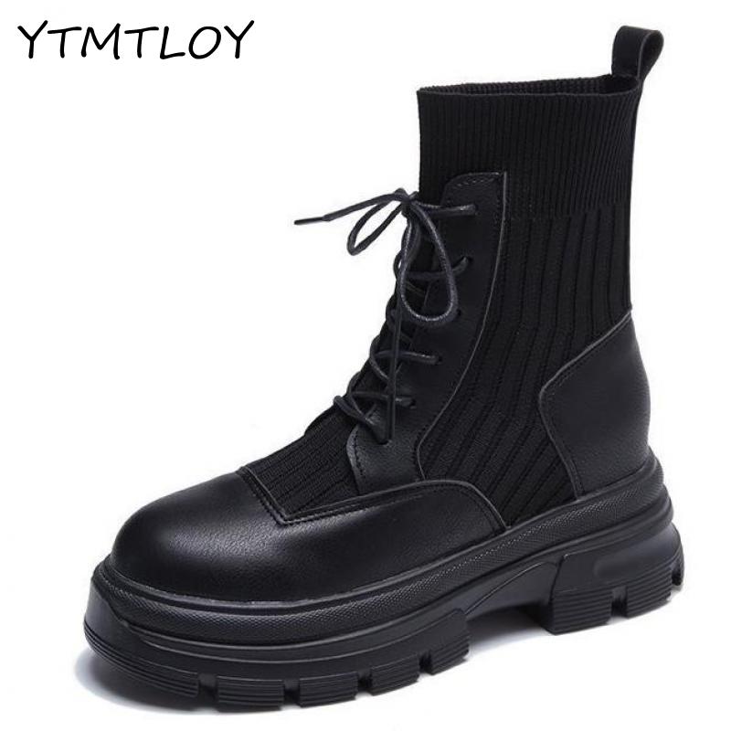 Autumn Winter Women Shoes British Style Handsome Wild Black Pu Basic Lace-up Round Toe Boots Cross-tied