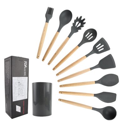 11 st silikon köksredskap set, rosa massivt trä handtag med förvaringslåda, köksutrustning kit köksredskap tillbehör: 9pc grå
