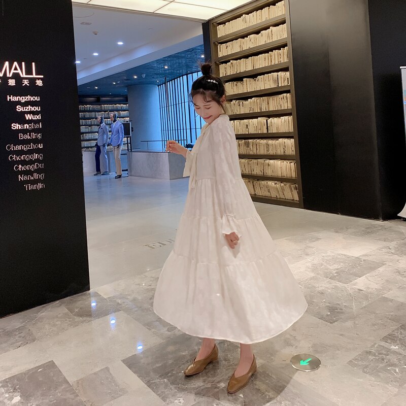 8113 Spring Korean Maternity Maxi Long Dress Plus Size Loose Clothes for Pregnant Women Sweet Long Sleeve Pregnancy