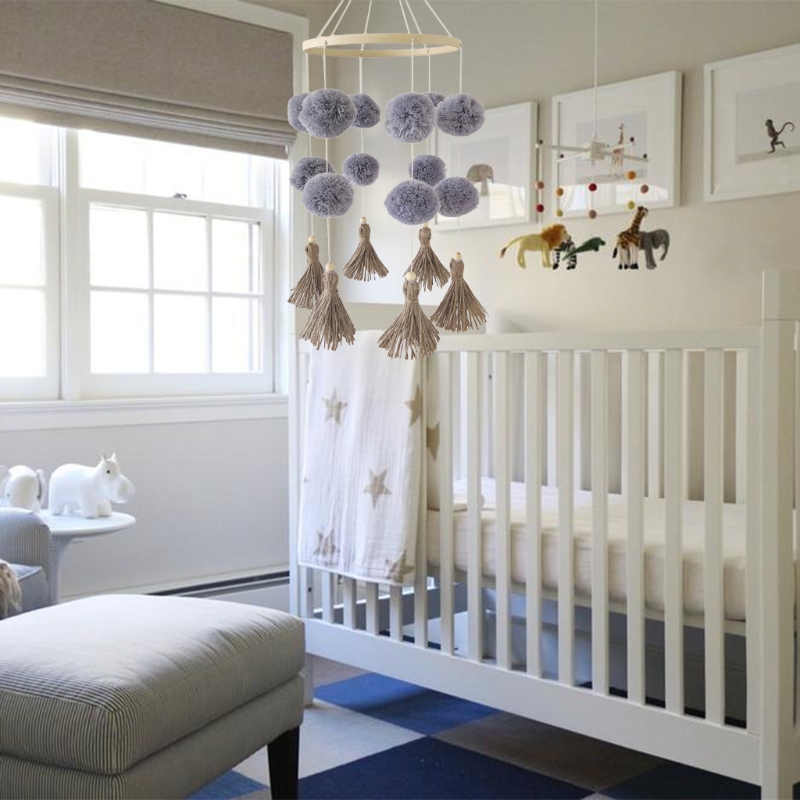 Carillon à vent en bois pour bébé, Mobile, pompon coloré en peluche, boule suspendue
