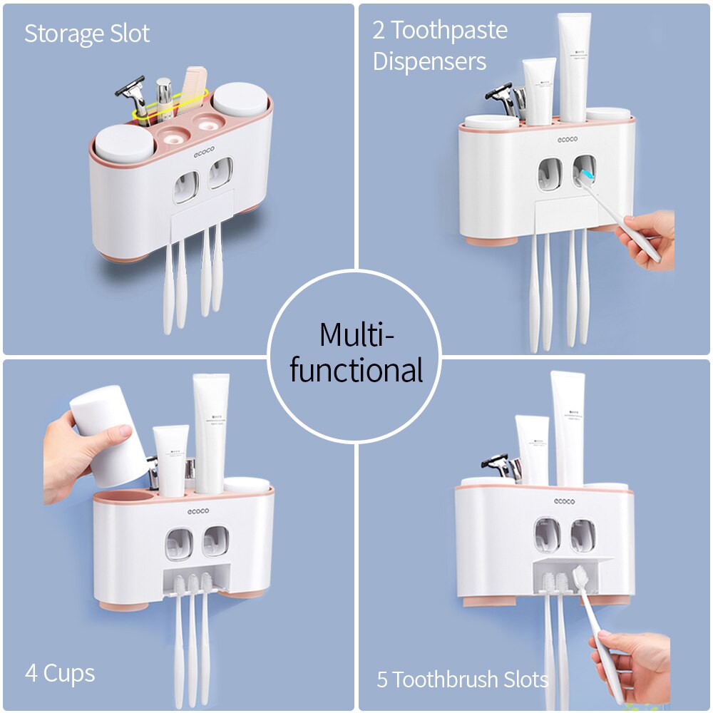 Automatisk klemme tandpasta sæt vægmonteret tandbørsteholder m / 2 tandpasta dispensere 4 kopper & 5 slots toiletartikler opbevaringsstativ