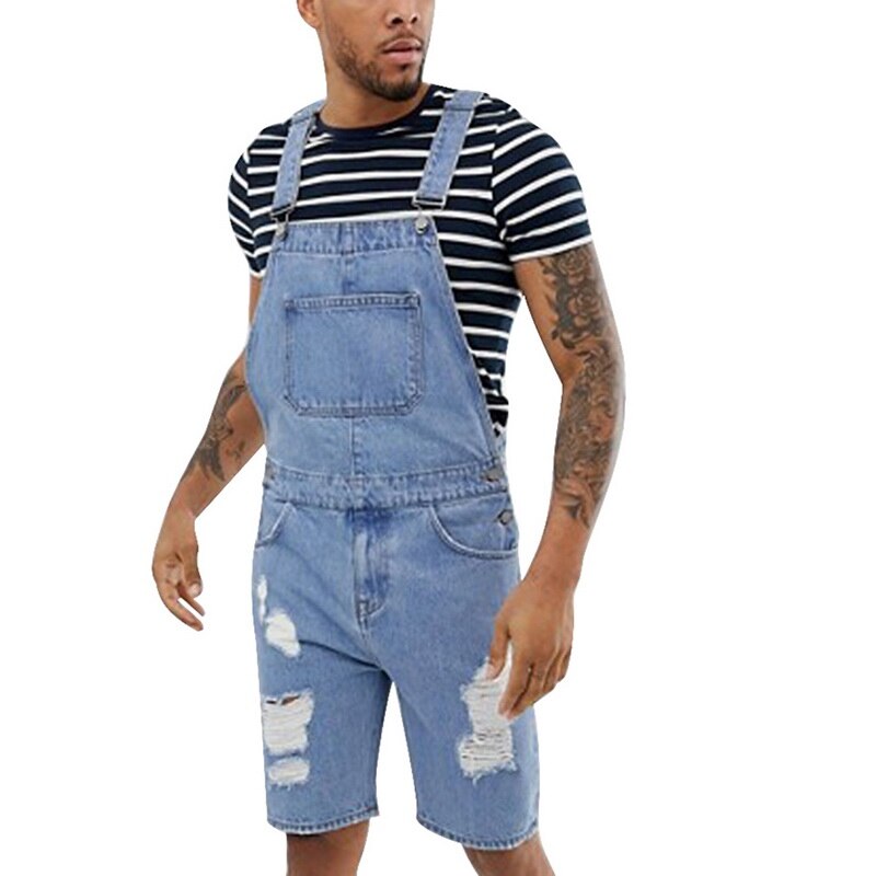 MoneRffi Summer Men Blue Black Short Jeans Overalls Hip Hop Ripped jeans Short jumpsuit Denim Suspender Pants: blue / L