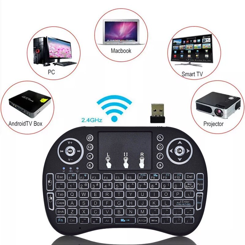 i8 2.4Ghz Luxury Wireless Keyboard 3 Color Backlight + 7 Colorful Light English/Russian/French/Spanish Remote Control Touchpad
