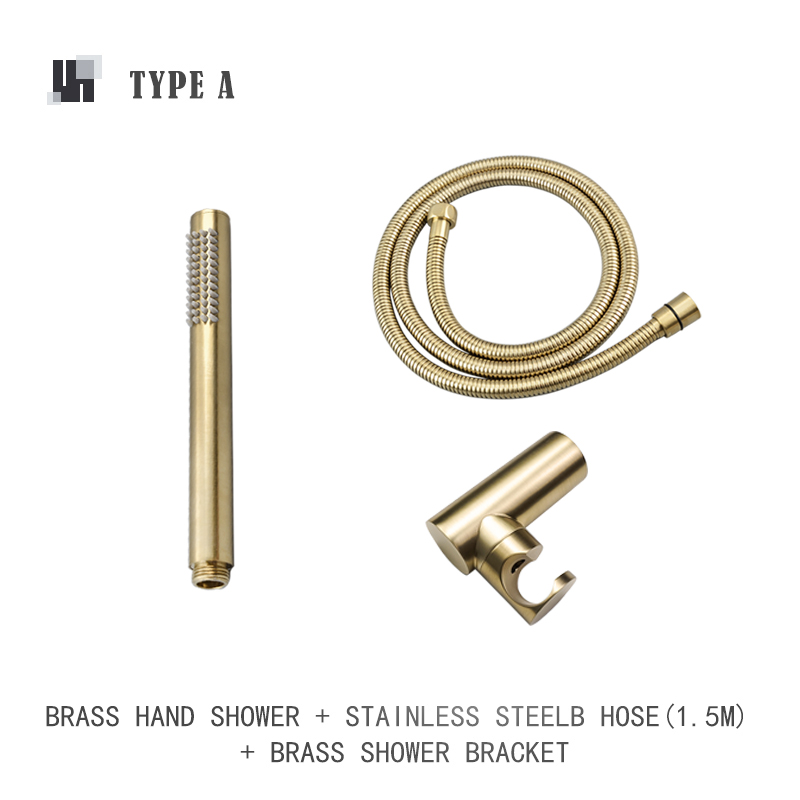 Brushed Gold Hand Shower Bathroom Handhold Water Saving Shower Head Round Square Wall Mount Holder Shower Hose Bath Hand Sprayer: Type A Whole Set