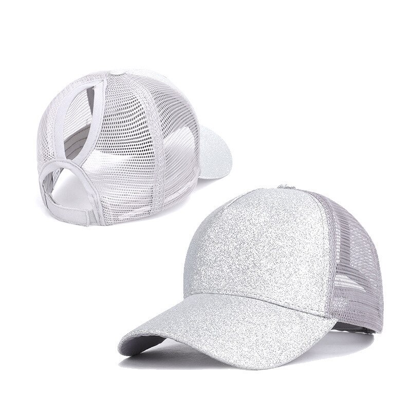 Bonés de beisebol de rabo de cavalo feminino malha chapéu de lantejoulas alta messy bun caminhoneiro pai chapéu de verão ponycap chapéu de sol para o verão sprng outono: Silvery