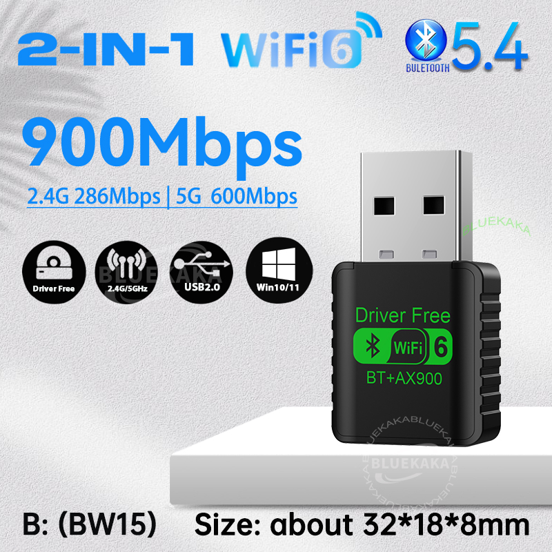 Upgrades Mini USB Wireless Bluetooth 5.4 Transmitter Receiver Adapter WiFi 6 Dongle 900Mbps Dual Band For PC Laptop Win10/11: Silver