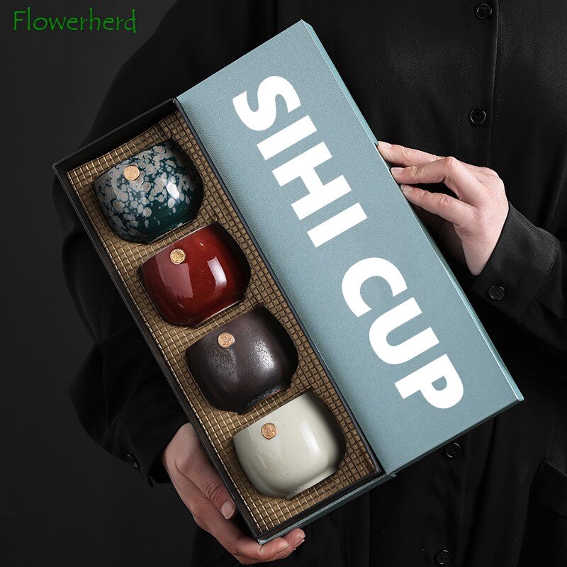 Japanese Style Ceramic Kung Fu Tea Set Cup Coffee Cups Teaware Kiln Changed Tea Cup Set Master Cup Personal Cup 4 Cup Set Teacup: four cup with box
