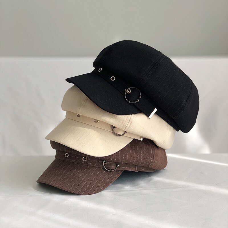 Hat Women Octagonal Cap Beret Striped Retro French Artist Hat Painter Octagonal Hats Black Brown Casual Caps