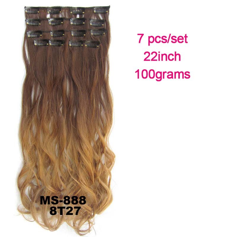 Extensiones de pelo sintético ondulado 7 unids/set, Clip de 22 pulgadas, 100g, Color negro, marrón, degradado postizo, resistente al calor: 8T27