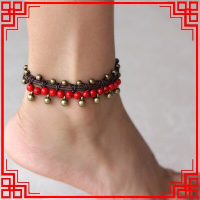 Chaînes de chevilles en pierre ethnique pour femmes 3 couleurs, chaînes de pieds tressées, faites à la main, clochettes de cheville vintage à la en laiton: Or-couleur