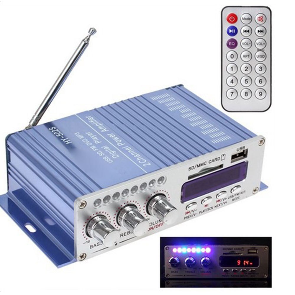 Bluetooth Auto Eindversterker Stereo Geluid Modus Hifi 2 Kanaals Mini Fm Audio + MP3 Speaker Muziekspeler Blauwe Kleur HY502S