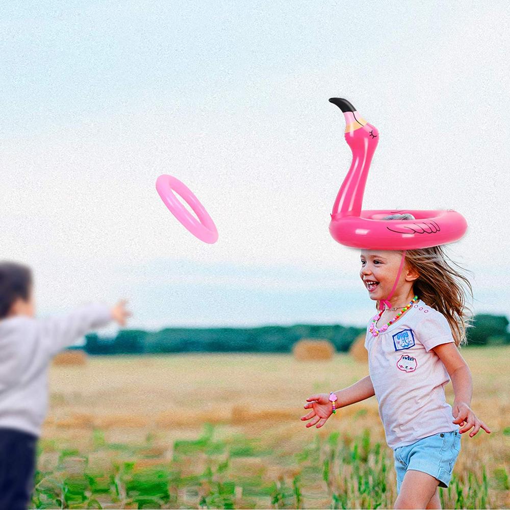 Inflatable Flamingo Hat, Inflatable Flamingo Head with 6pcs Rings Toss Game for Hawaii Luau Game Family Reunion Summer Party Dec