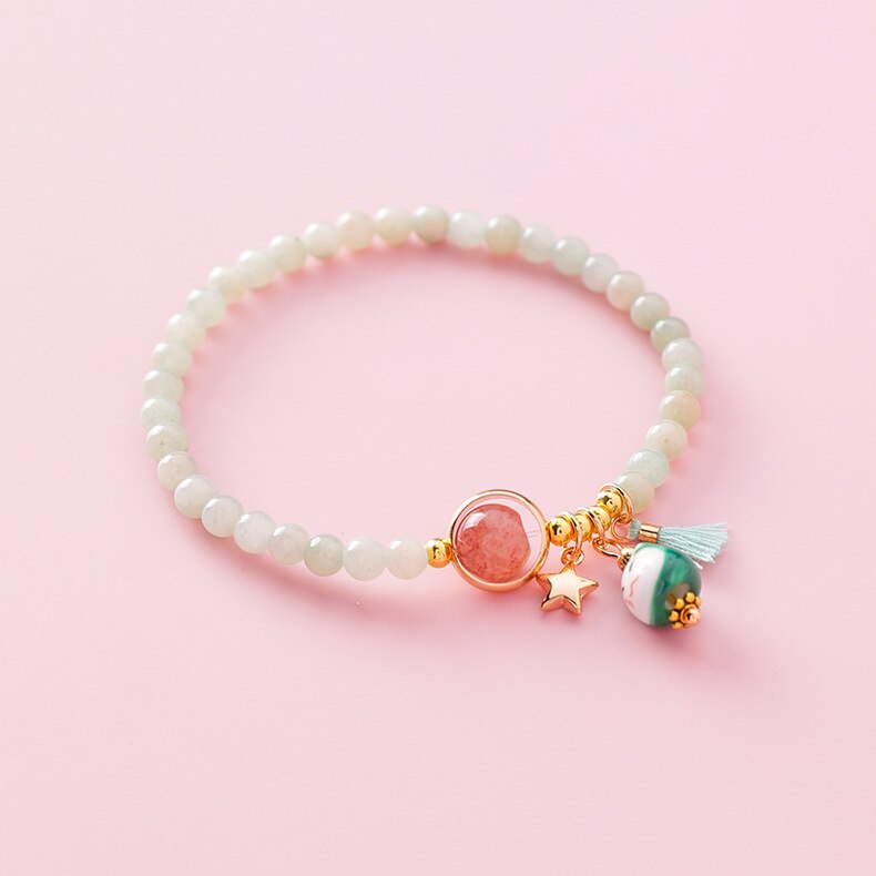 Doreen-pulsera de cuerda de gato de cerámica Kawaii para mujer, brazalete sencillo tejido a mano, cuentas de borla, joyería de de estilo japonés: Beaded-Green