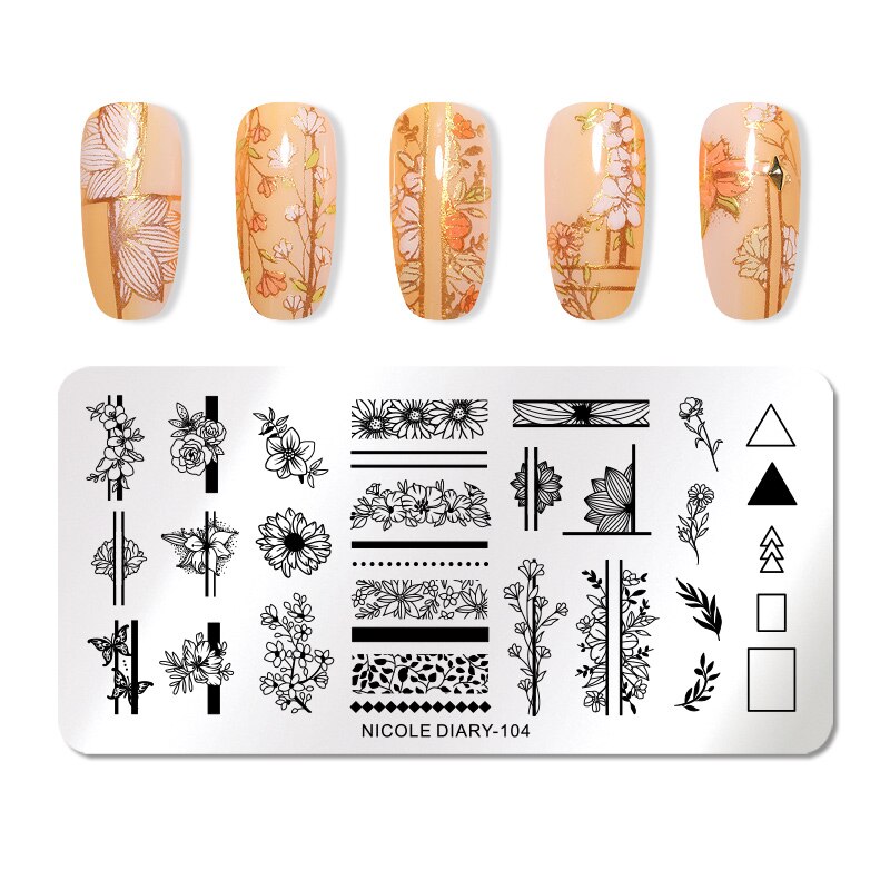 Nicole Dagboek Plant Bloemen Afbeelding Nail Art Stempelen Sjablonen Rechthoek Stempelen Stempelkommen Bloem Manciure Stencil Gereedschap