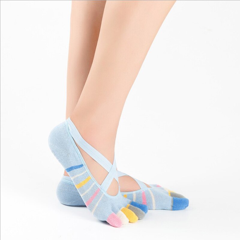 3 Pairs Five Toe Yoga Socks for Women Non-Slip Grips and Cross Straps Sock Anti-Skid Pilates Barre Fitness Sports Socks Slipper