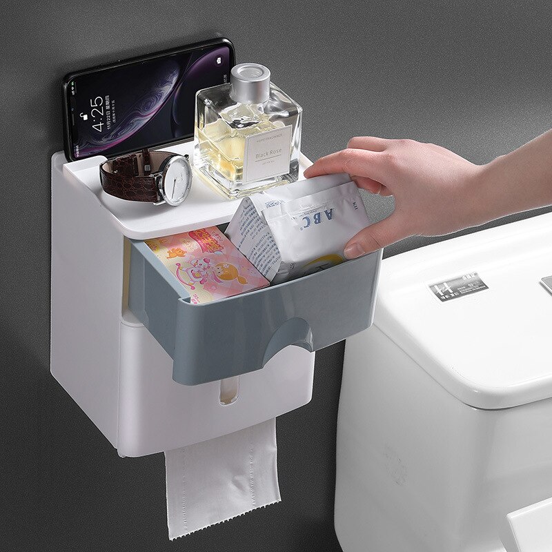 Double-layer Multifunctional Tissue Box Toilet No Holes Box Toilet Waterproof Easy To Install with The Drawer