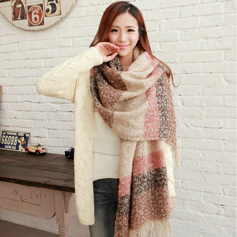Women Fall Winter Mohair Cashmere Like Scarf Long Size Warm Scarves & Wraps For Lady Casual Patchwork Accessories