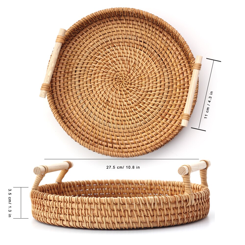 Ronde Rotan Lade Brood Mand Fruit Taart Plaat Dienblad Houten Storag Servies Rieten Trays Met Handvat Decoratie: 28cm
