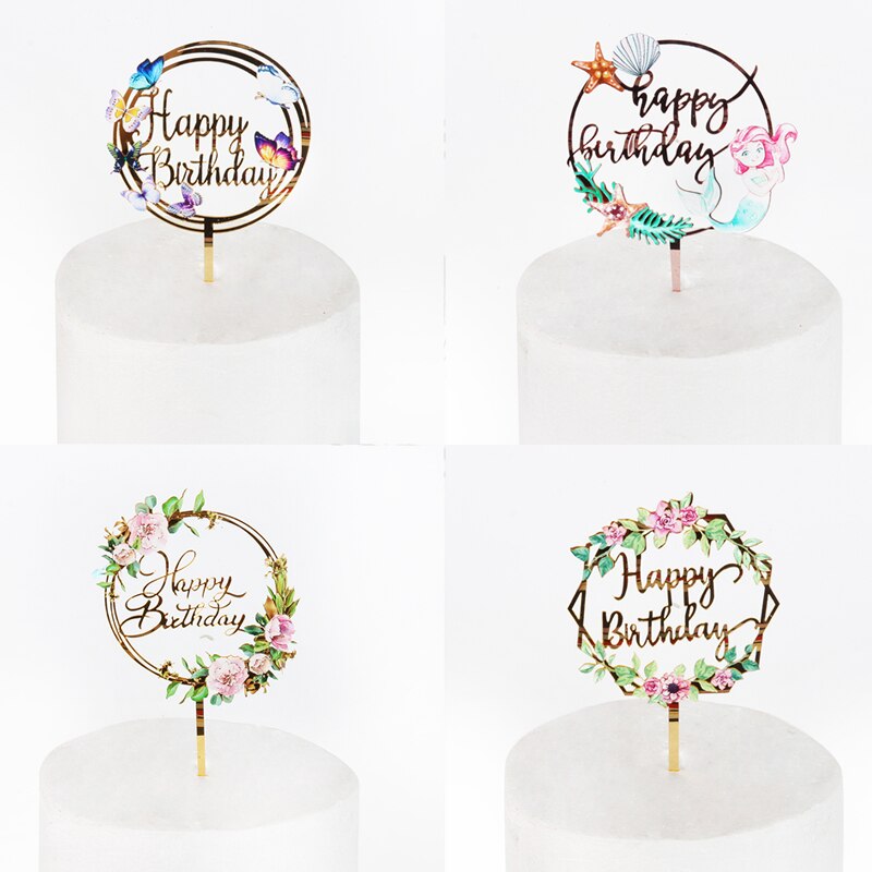 Décoration de gâteau joyeux anniversaire, bordure de couronne de fleurs et papillon, fée filles, fête d'anniversaire, Baby Shower, acrylique, décoration de gâteaux